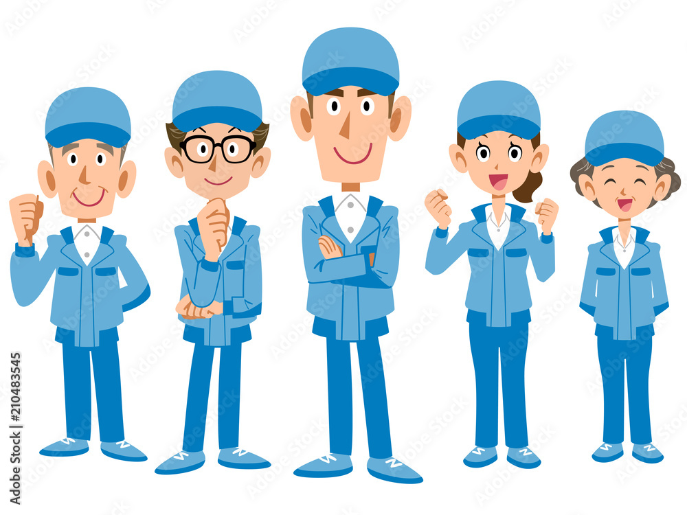 ブルーの作業着を着た作業スタッフのチーム
