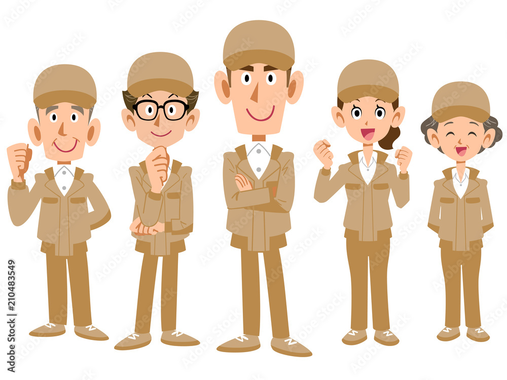 Naklejka premium ベージュの作業着を着た作業スタッフのチーム