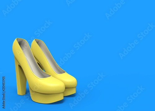 3d rendering. beauty yellow high heel shoes on blue copy space background.