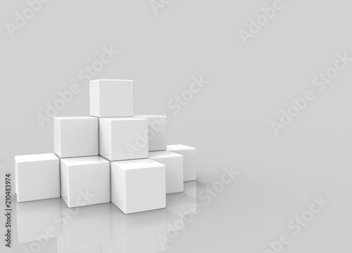 3d rendering. white square cube boxes stack on gray background.
