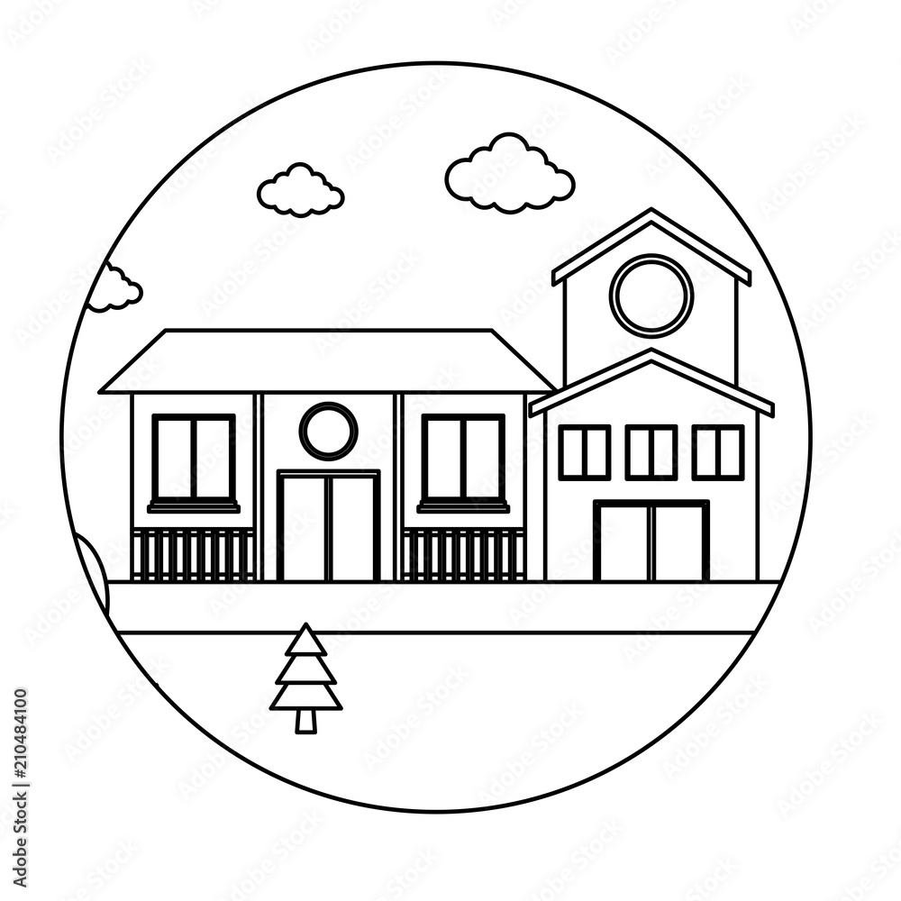 Frame in circle shape with traditional houses in a landscape over white background, vector illustration