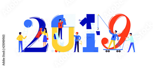 Office staff are preparing to meet the new year 2019. Vector illustration. Cartoon characters repair the numbers. Image is isolated on white background. Flat illustration for banner and site.