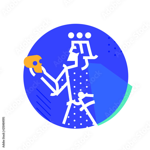 Logo for theatrical studio. Illustration of a Hamlet with a skull. The hero of the works of Shakespeare. Vector flat logo. The king's character on the stage. Corporate identity. Abstract modern logo.