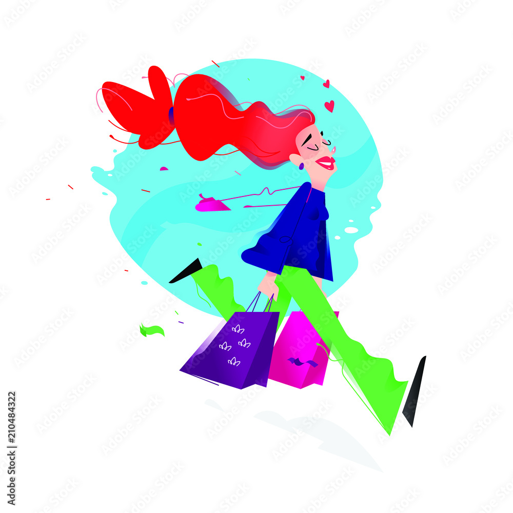 Illustration of a cute girl with shopping. Vector illustration. A cute red-haired girl is running with packages. Image is isolated on white background. Flat illustration for print and website. Illustration of a cute girl with shopping. Vector illustration. A cute red-haired girl is running with packages. Image is isolated on white background. Flat illustration for print and website.
