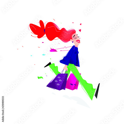 Illustration of a cute girl with shopping. Vector illustration. A cute red-haired girl is running with packages. Image is isolated on white background. Flat illustration for print and website.