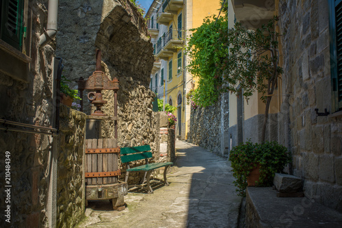 Fototapeta Naklejka Na Ścianę i Meble -  Horizontal View of a Street inside Corniglia, in the Italian National Park of the Cinque Terre.