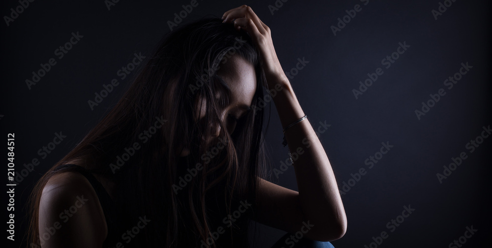 broken heart lonely girl can cry, smoke Fog on dark Background