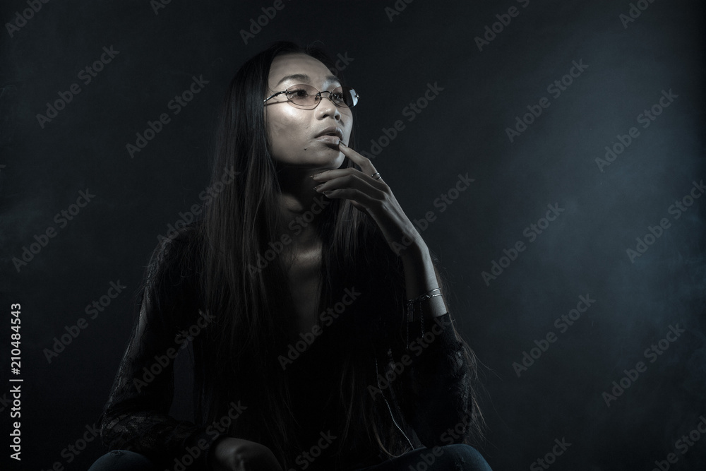 broken heart lonely girl can cry, smoke Fog on dark Background