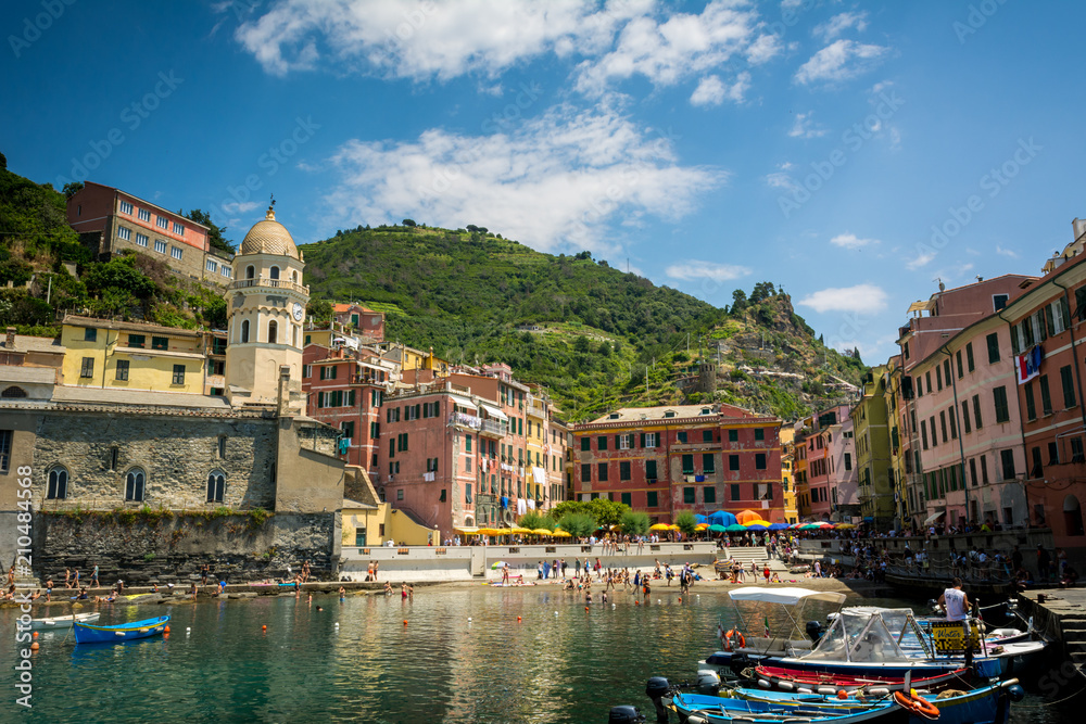 Horizontal View of Boats Moored in the Bay of Vernazza at Summer