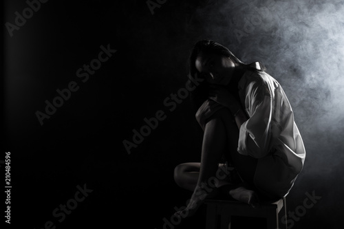 broken heart lonely girl can cry, smoke Fog on dark Background