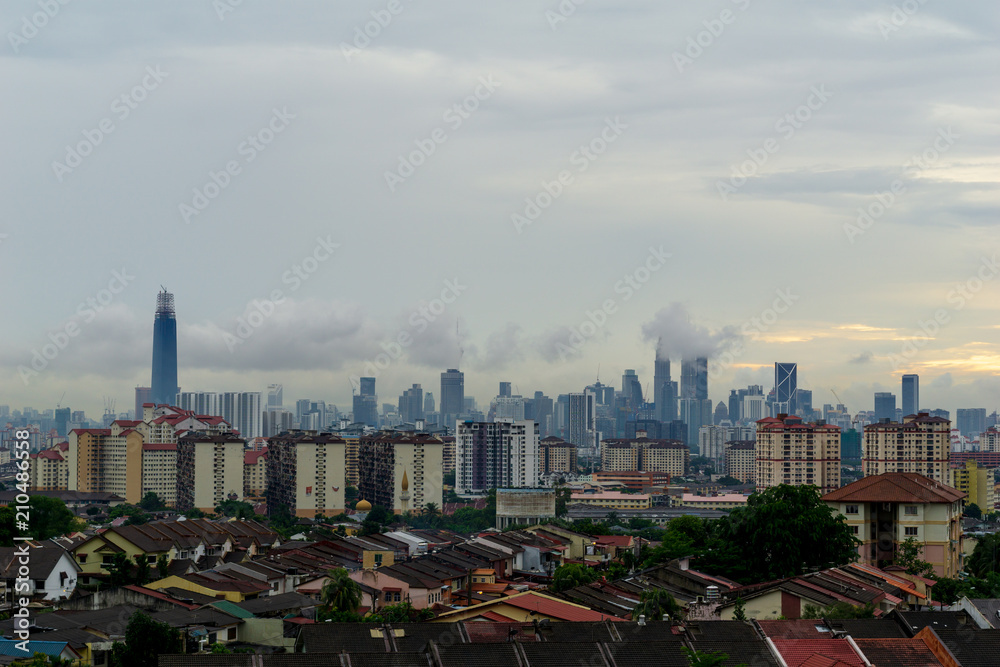 View of cloudy day over downtown Kuala Lumpur, capital city of Malaysia. 