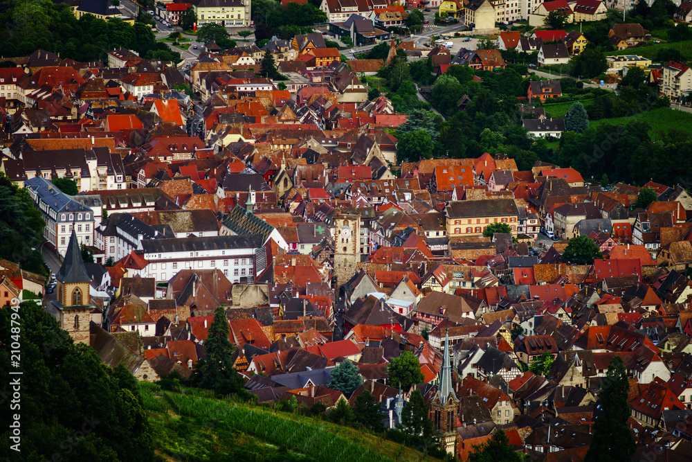 Aerial view to little village Ribeauville, Alsace, stormy weather, thunderstorm and dark sky