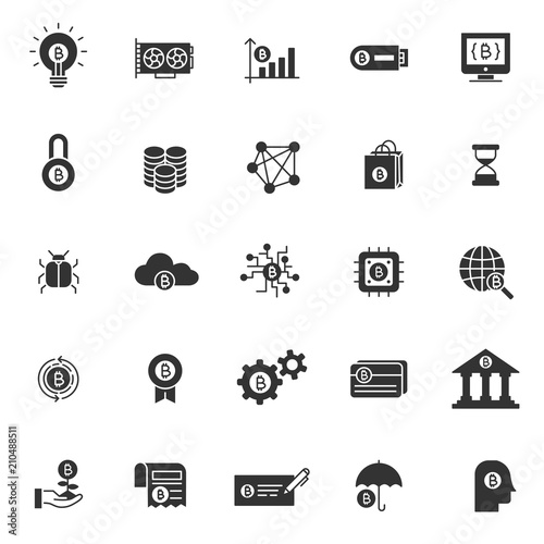 set of blockchain tecnology icons, with simple glyph black ill style, use for business web icon, analyst, bitcoin, business, cryption, digital business, marketing, e money, cryptocurrency.
