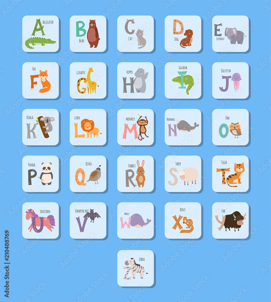 Cute zoo alphabet with cartoon animals funny letters wildlife learn typography font language vector illustration.