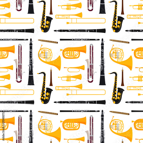 Wind musical instruments tools acoustic musician equipment orchestra seamless pattern background vector illustration