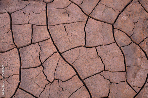 Patterns on the ground made by cracks in dry desert mud 