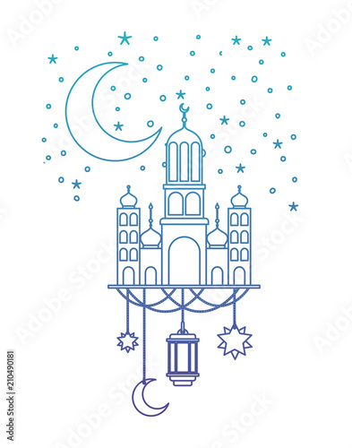 arabic castle with moon and decoration hanging in the night vector illustration
