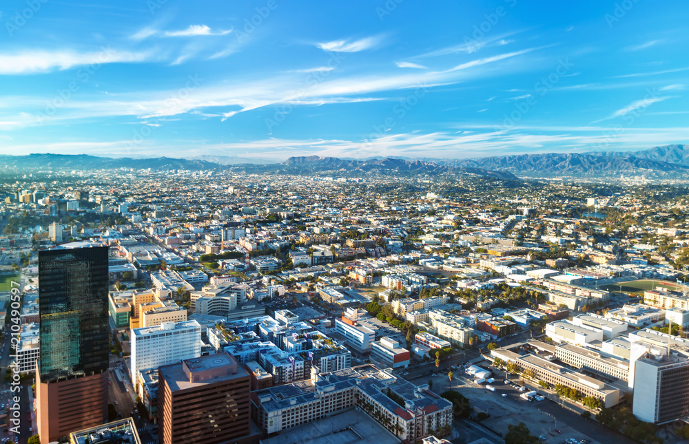 Aerial view of Downtown Los Angeles, CA in the morning