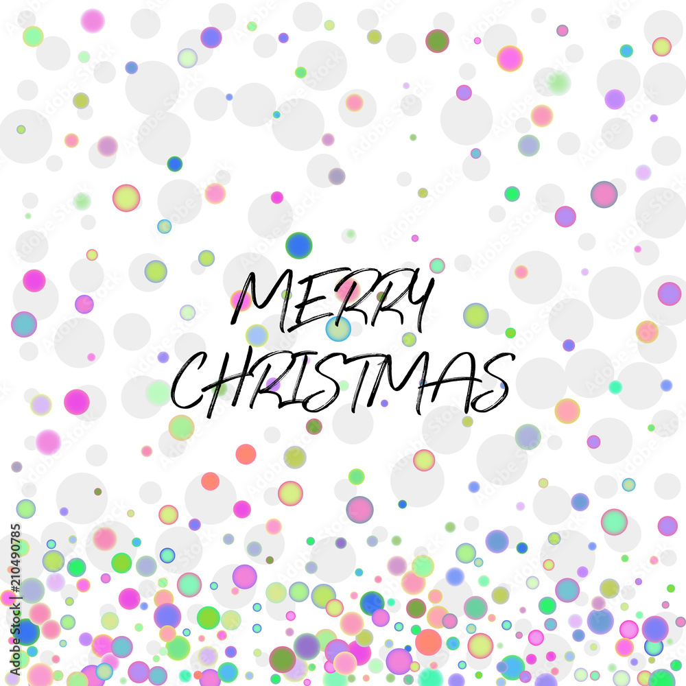 Merry Christmas illustration with random, chaotic, scattered colorful circles with calligraphic text on white background.