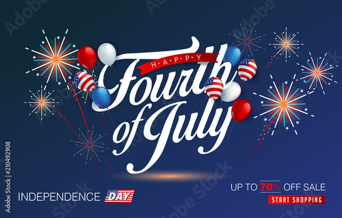 Independence day USA sale promotion banner template american balloons flag and Colorful Fireworks decor.4th of July celebration poster template.fourth of july voucher discount.Vector illustration .