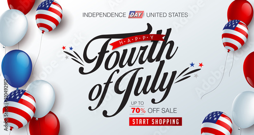 Independence day USA sale promotion banner template american balloons flag and Colorful Fireworks decor.4th of July celebration poster template.fourth of july voucher discount.Vector illustration .