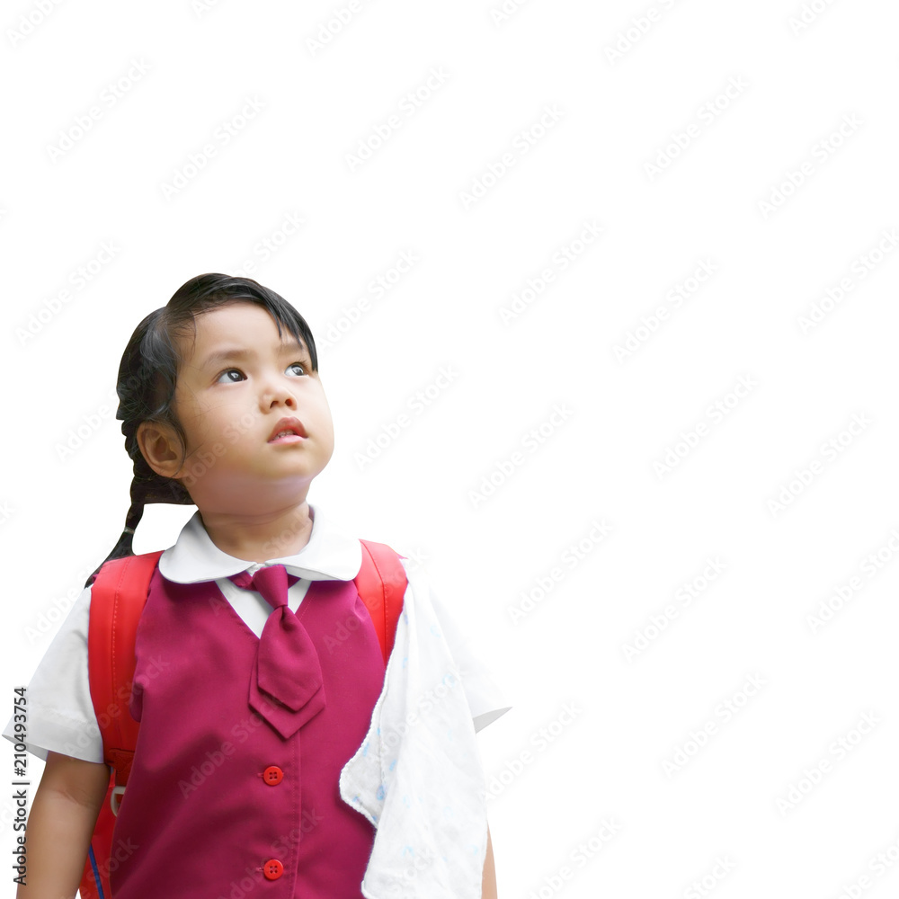 Asian children or kid girl student wear school uniform thinking new idea and back to school or kindergarten for study or learning education with looking ahead for future or miss on white clipping path Asian children or kid girl student wear school uniform thinking new idea and back to school or kindergarten for study or learning education with looking ahead for future or miss on white clipping path