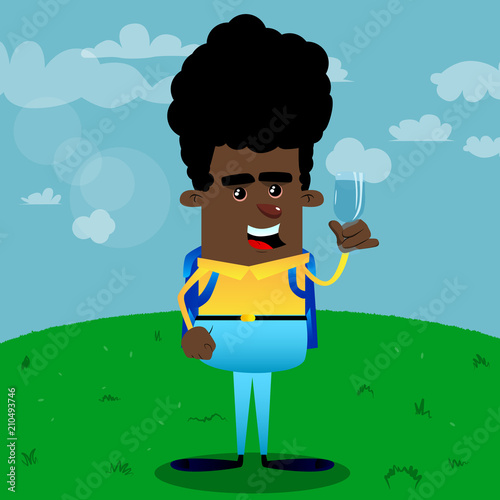 Schoolboy with a glass of water. Vector cartoon character illustration.