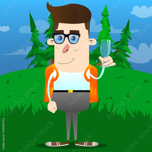 Schoolboy with a glass of water. Vector cartoon character illustration.