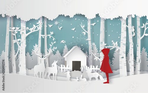 winter season with the girl in red coat and the animal in the jungle.
