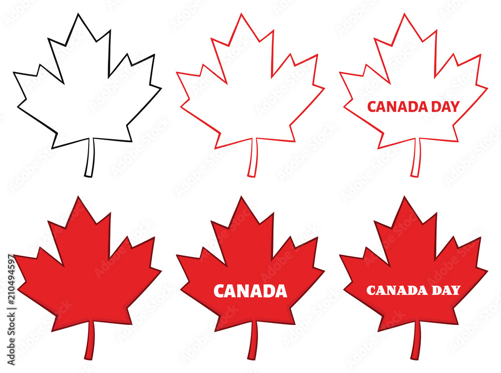 Canadian Red Maple Leaf Line Cartoon Drawing. Collection Isolated On White  Background Stock Vector | Adobe Stock