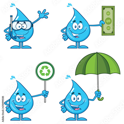 Blue Water Drop Cartoon Mascot Character 6. Vector Collection Isolated On White Background