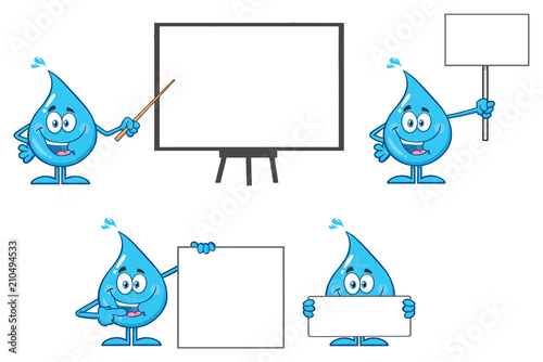 Blue Water Drop Cartoon Mascot Character Set 3. Collection Isolated On White Background