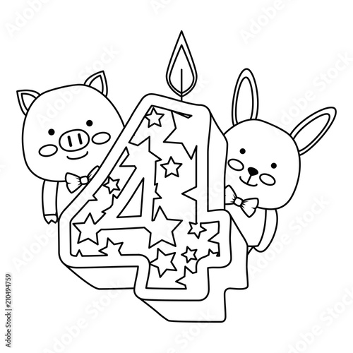 cute number four with pig and rabbit vector illustration design photo