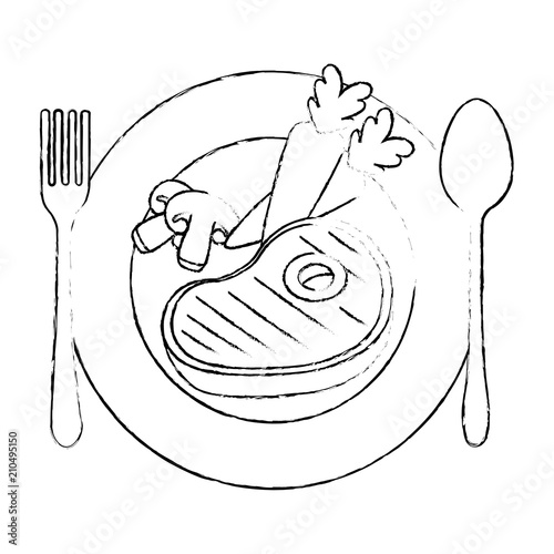 delicious beef steak with carrots and mushroom vector illustration design