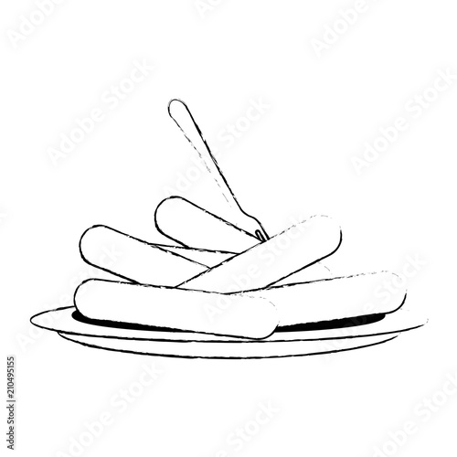 dish with delicious sausages and fork vector illustration design