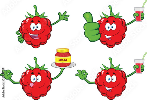 Raspberry Fruit Cartoon Mascot Character Set 4. Collection Isolated On White Background
