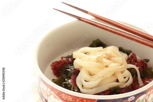 Japanese food, seaweed and agar salad on Kishimen udon noodles