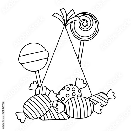 sweets lollipops and candies with party hat vector illustration design