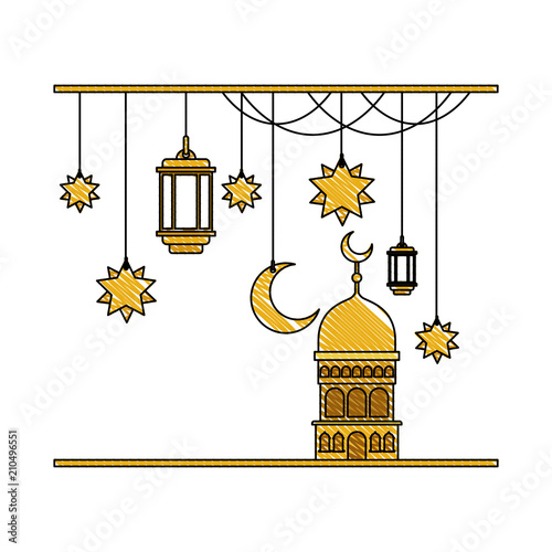arabic castle with moon and decoration hanging vector illustration design