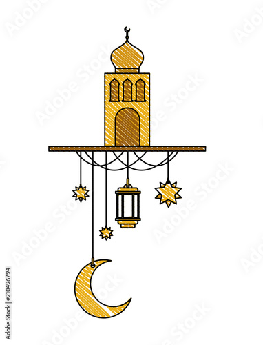 arabic castle with moon and decoration hanging vector illustration design