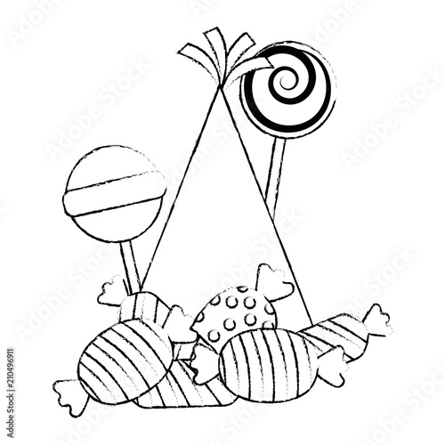 sweets lollipops and candies with party hat vector illustration design