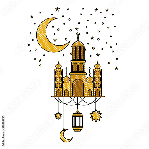 arabic castle with moon and decoration hanging in the night vector illustration