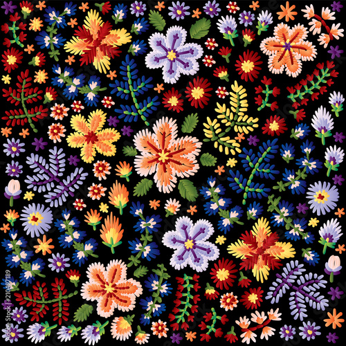 Vector decorative floral embroidery pattern, ornament for textile decor. Bohemian handmade style background design.