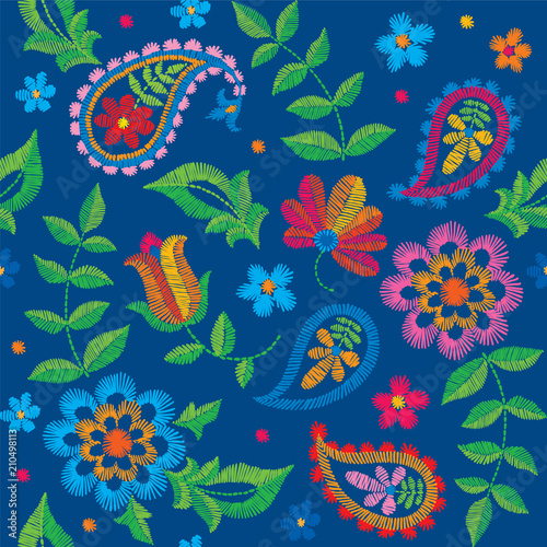 Vector seamless embroidery paisley pattern, decorative textile ornament, pillow or bandana decor. Bohemian style background design.