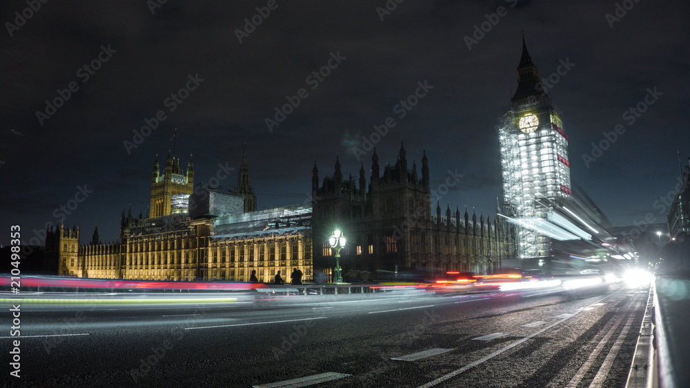 Westminster bridge and Big Ben nighttime long exposure in London