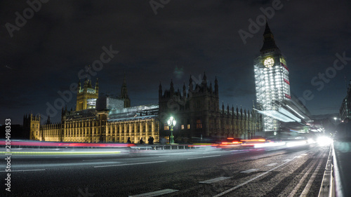 Westminster bridge and Big Ben nighttime long exposure in London