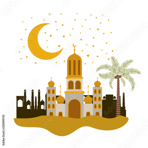 arabic castle with moon in the night scene vector illustration design