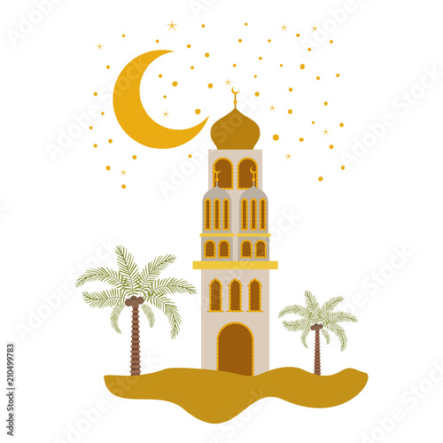 arabic castle with moon in the night scene vector illustration design