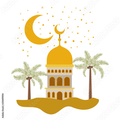 arabic castle with moon in the night scene vector illustration design