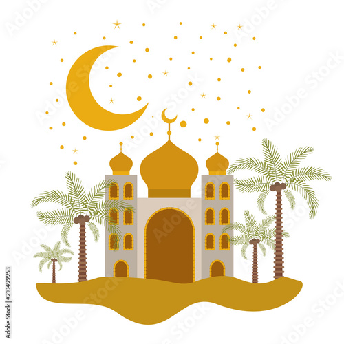 arabic castle with moon in the night scene vector illustration design